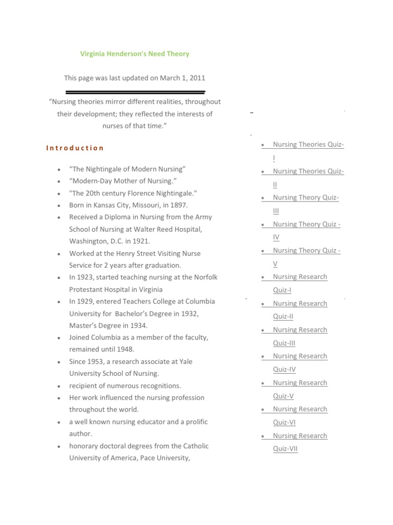 Virginia Henderson Nursing Theory