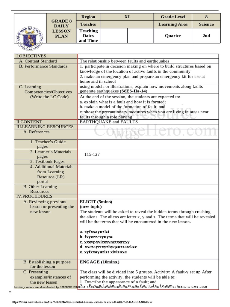 7Es Lesson Plan: Earthquakes for Grade 8 | PDF | Learning | Earthquakes