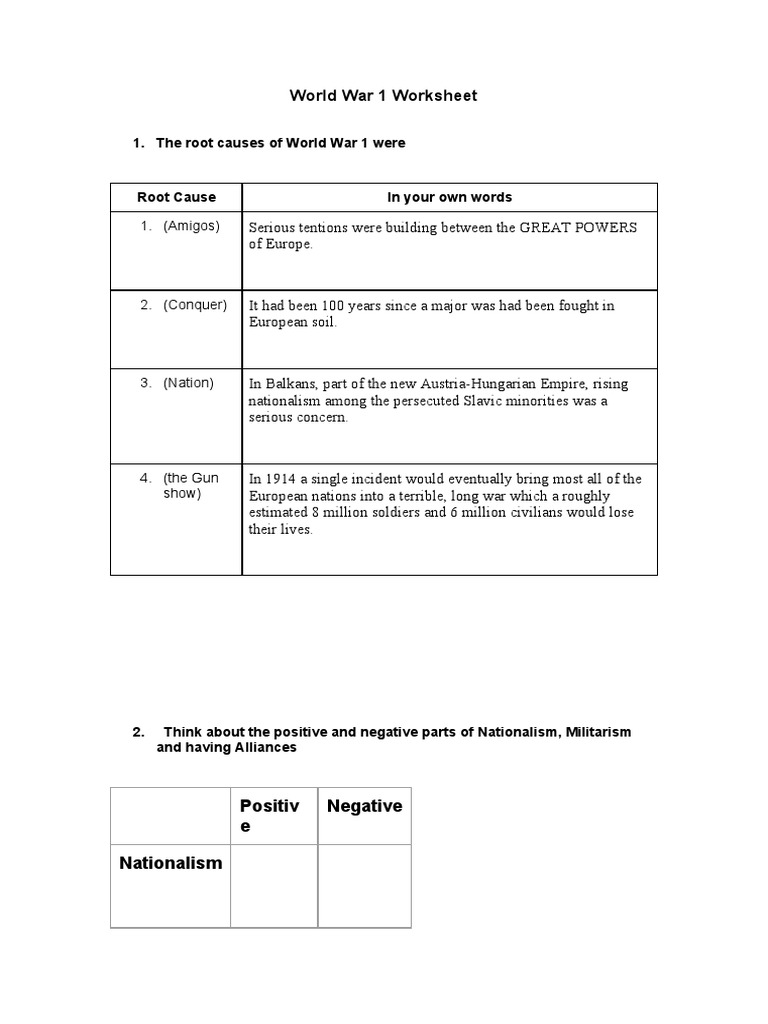 Causes of World War 1 Worksheet | PDF | History