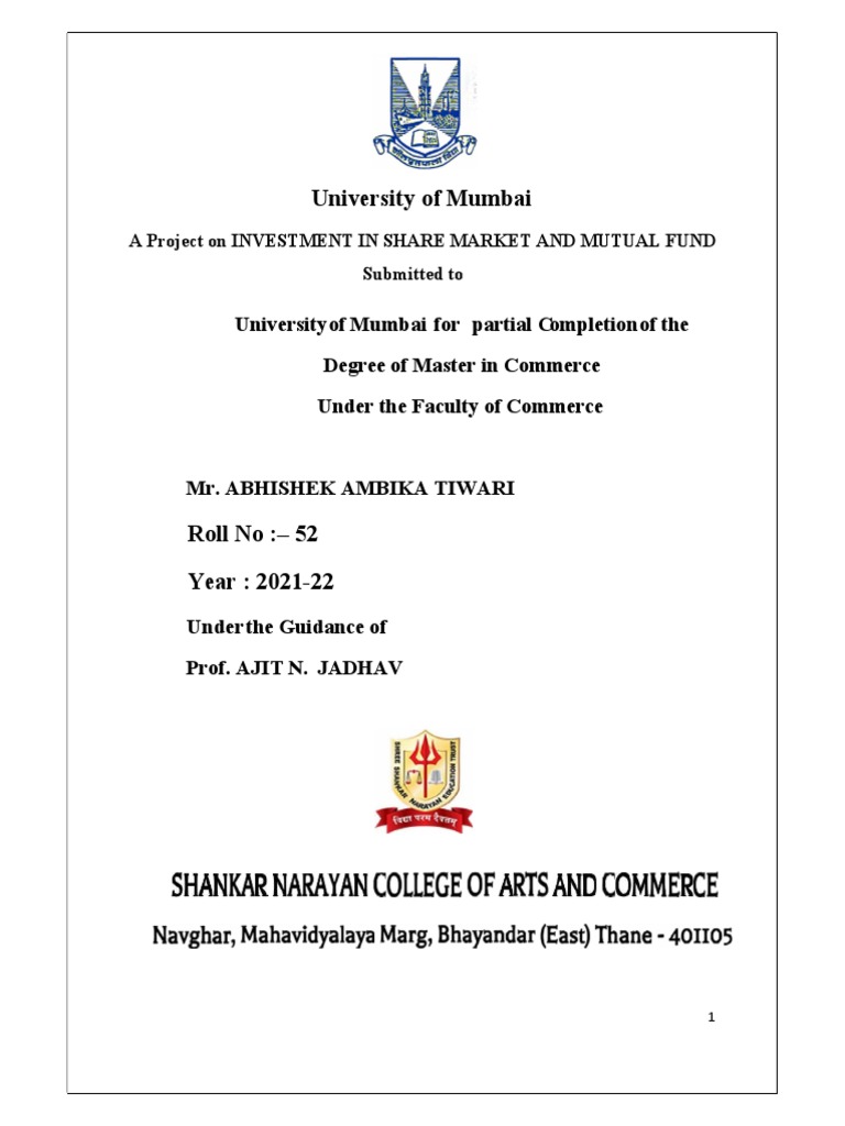 MCOM Part 2 Project 1 Investment in Stock Market and Mututal Fund