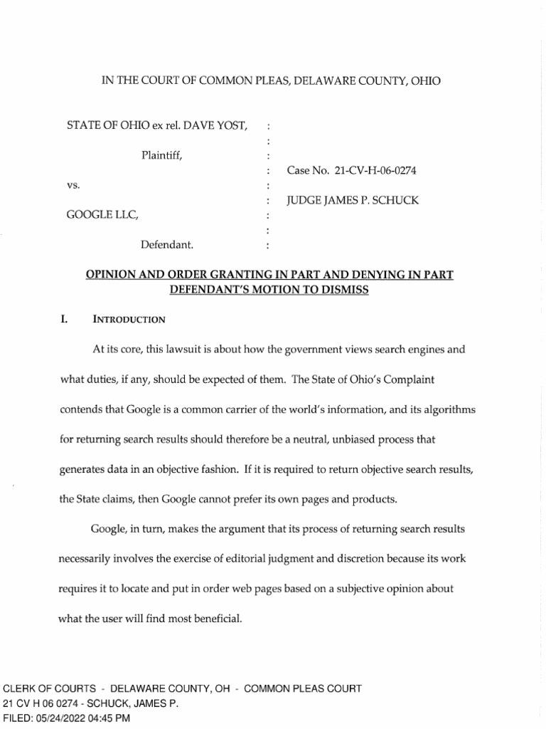 Judge Grants and Denies Google's Motion To Dismiss Ohio Lawsuit PDF