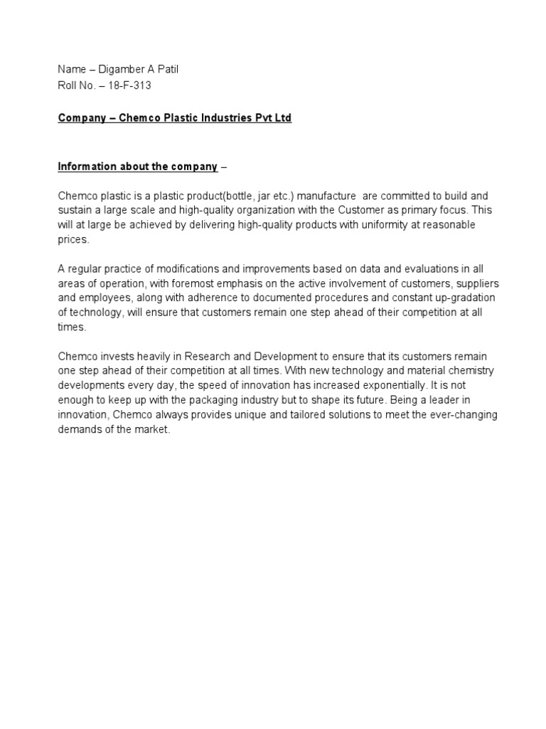 Chemco Plastic Industries Pvt Ltd PDF Customer Innovation