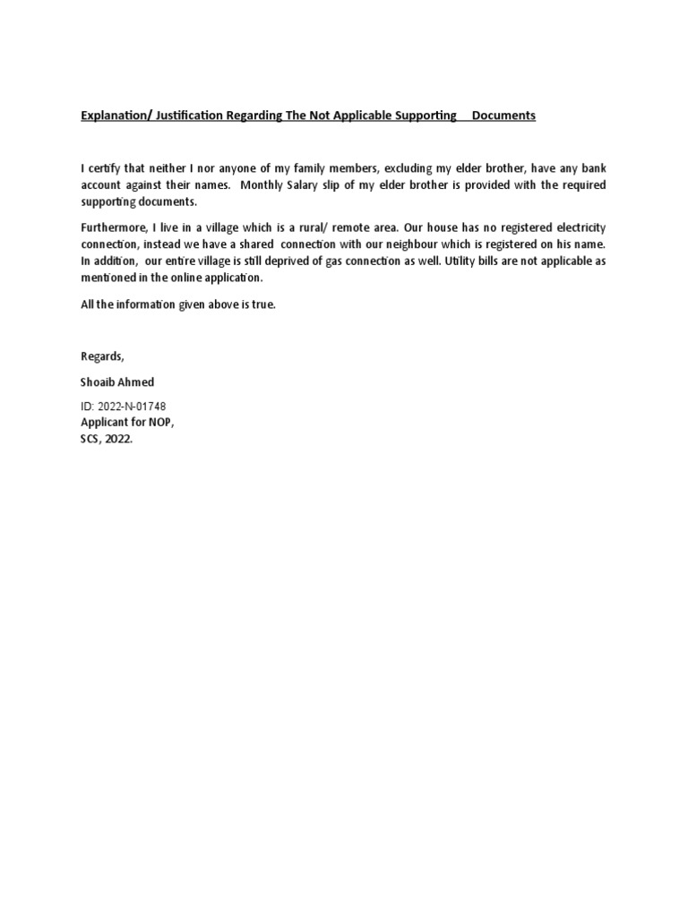 Explanation/ Justification Regarding The Not Applicable Supporting ...