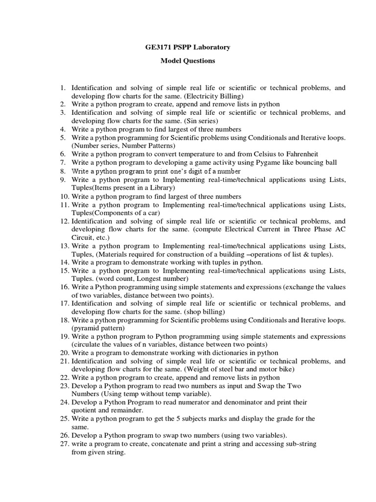 Python Programming Laboratory: A Collection of Model Questions Covering ...