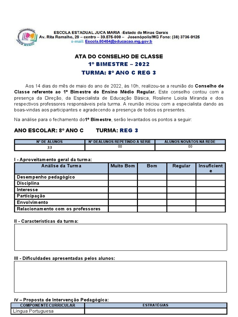 Ata do Conselho de Classe - 1º Bimestre 2022 | PDF