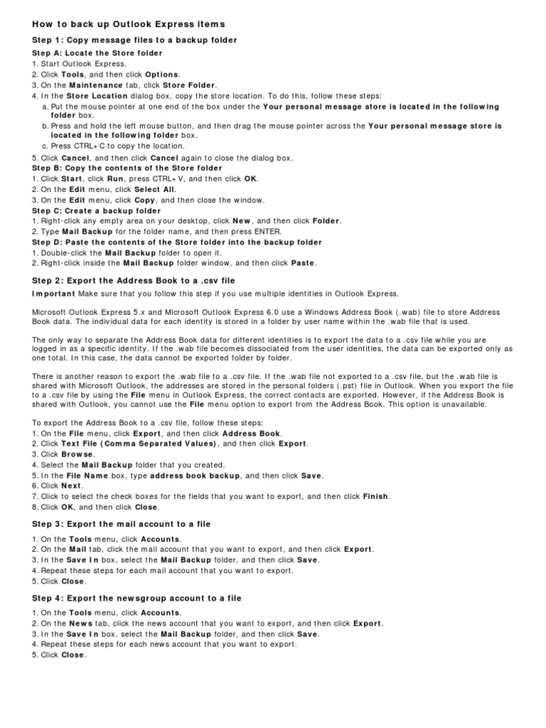 Backup and Restore Outlook Express Items | PDF | Microsoft Outlook ...