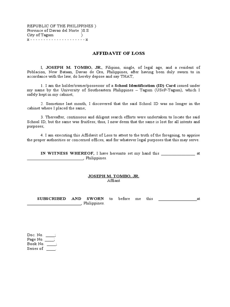 Affidavit of loss school id pdf