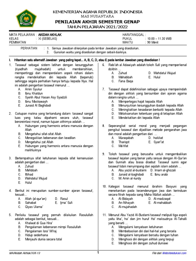 Persiapan Ujian Akhir Semester 2: Kumpulan Soal Aqidah Akhlak Kelas 11