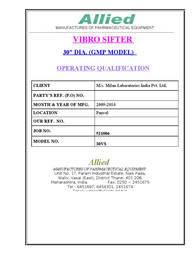 Vibro Sifter Operational Qualification | PDF