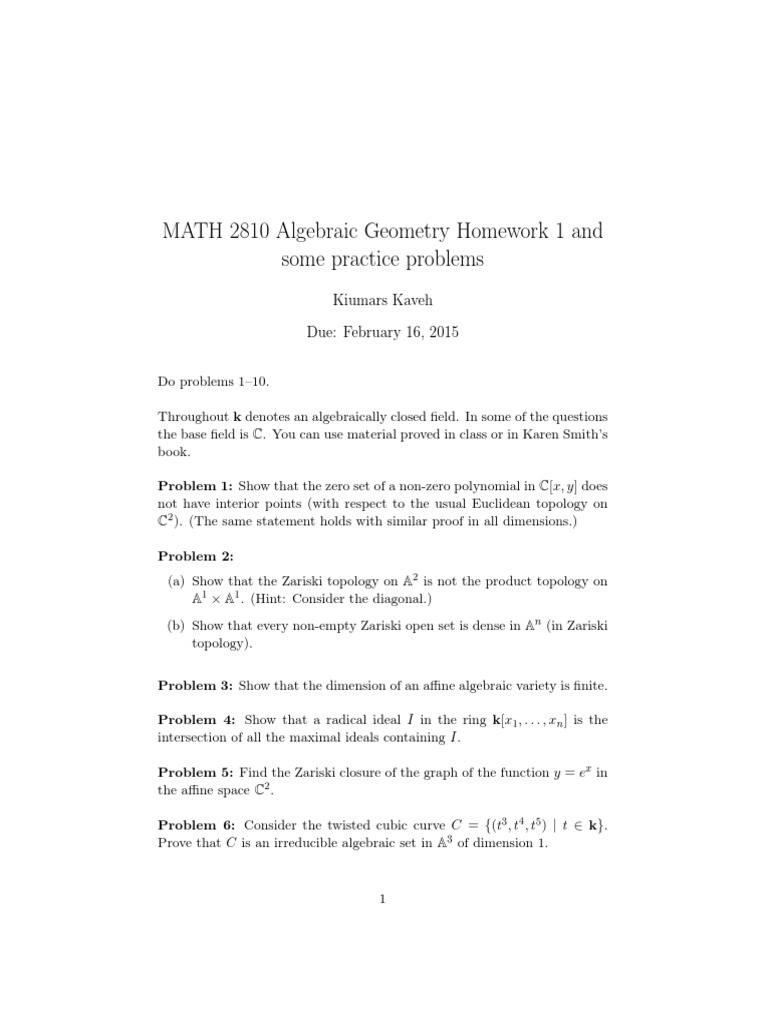 Algebraic Geometry Homework Problems | PDF | Abstract Algebra ...