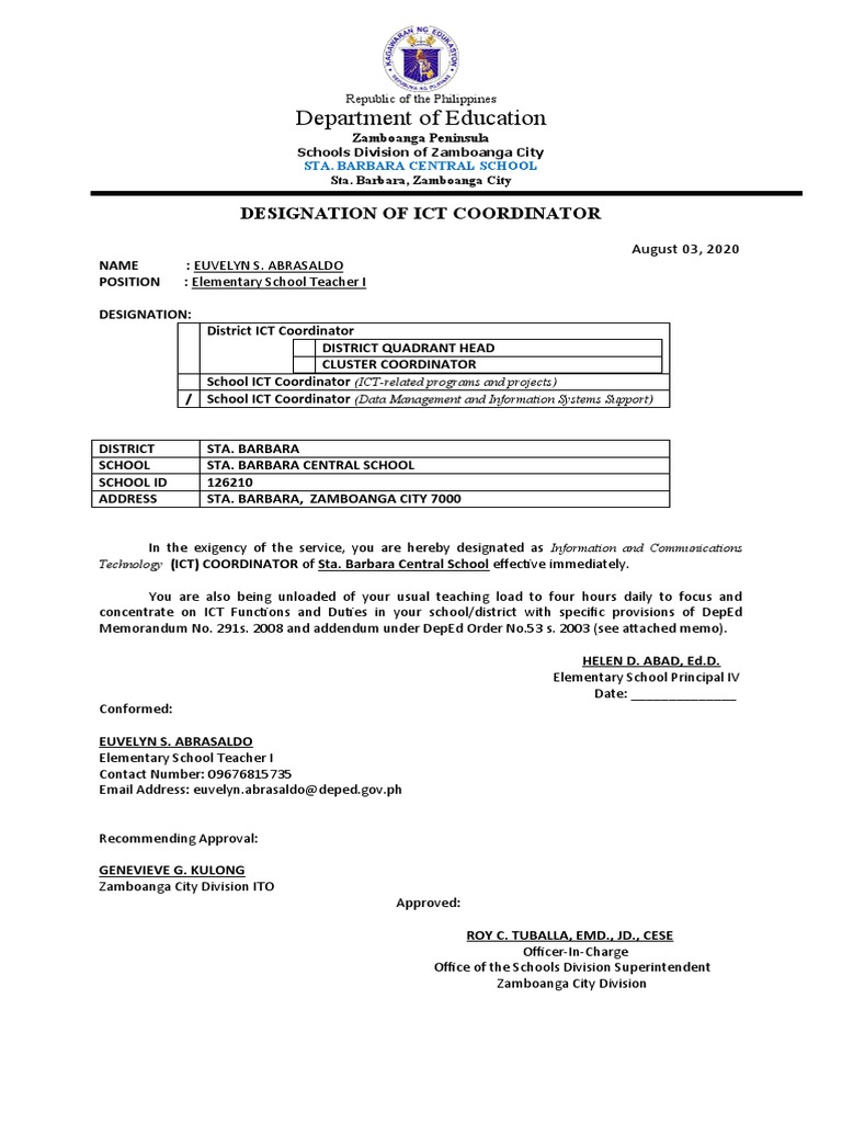 Designation of ICT Coordinator at Sta. Barbara | PDF | Wellness