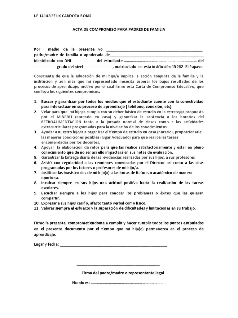 Acta de Compromiso de Los Padres de Familia 2021 | PDF | Aprendizaje ...