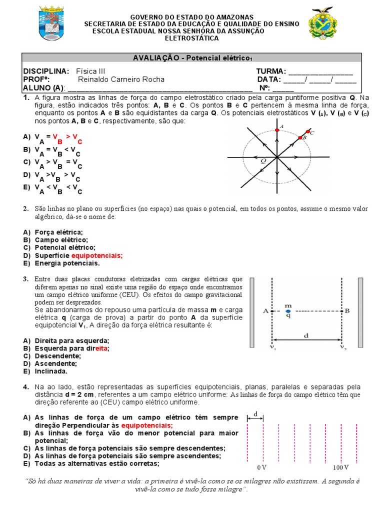Exercícios sobre Potencial Elétrico | PDF | Carga elétrica | Eletricidade
