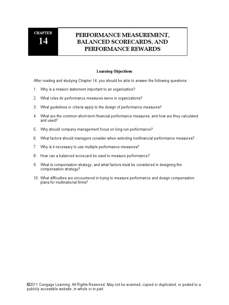 Chapter 14 - PERFORMANCE MEASUREMENT, BALANCED SCORECARDS, AND ...