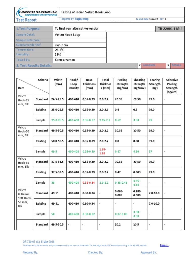 Indian Velcro Hook-Loop Test Results | PDF