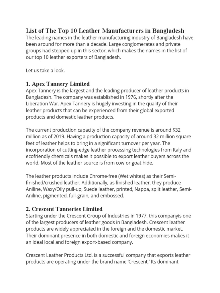 List of The Top 10 Leather Manufacturers in Bangladesh PDF Leather