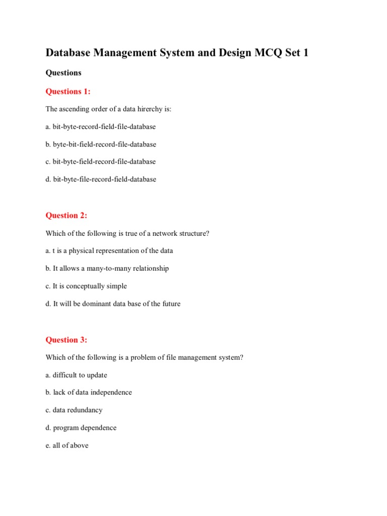 Database Management System and Design MCQ Sets | PDF | Databases ...