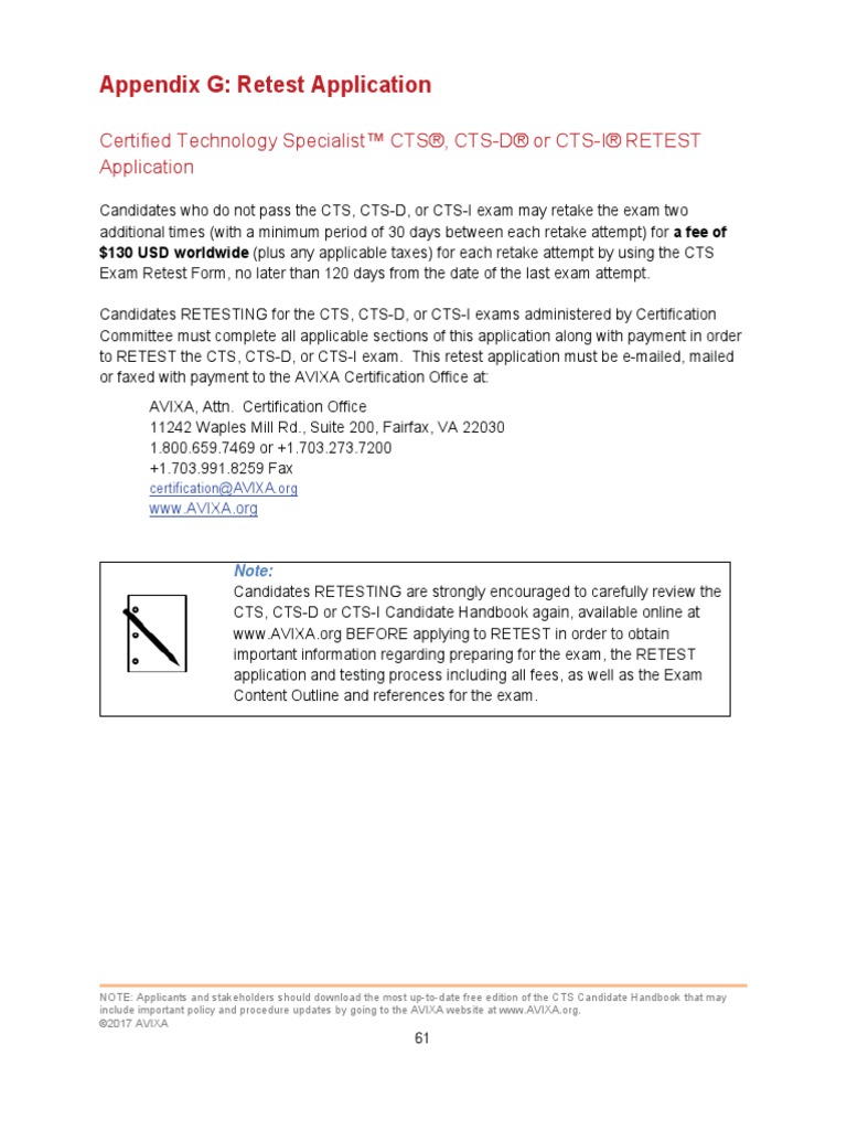 Appendix G: Retest Application: Certified Technology Specialist™ CTS ...