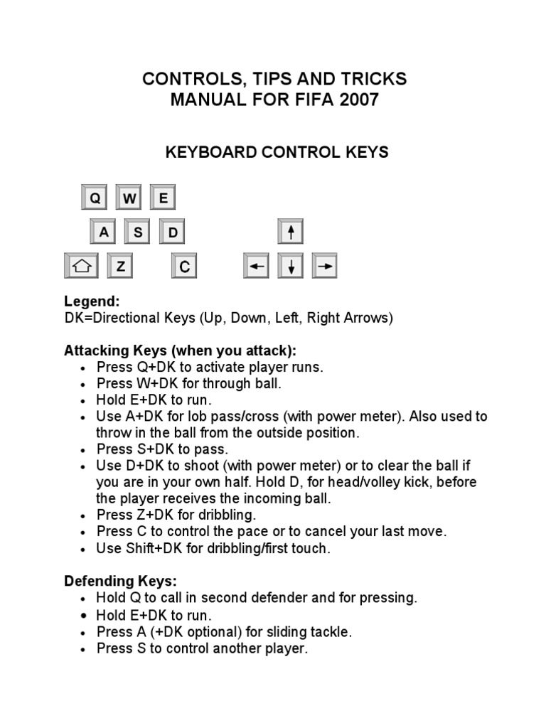 Controls, Tips and Tricks Manual For Fifa 2007 Keyboard Control Keys