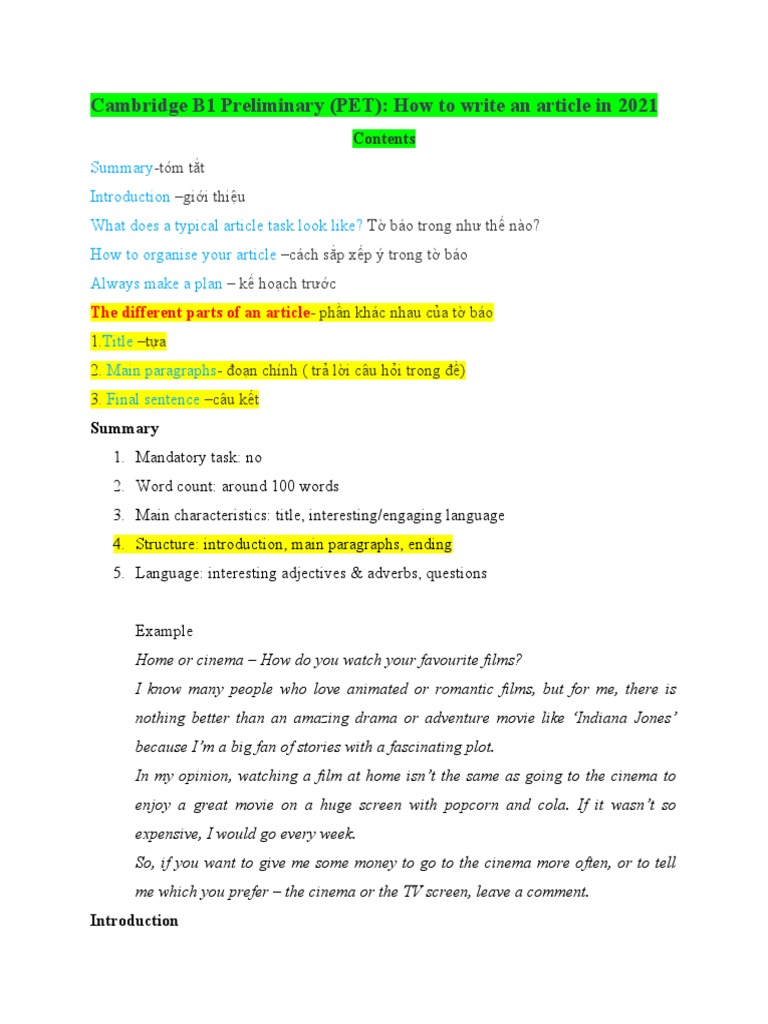 Writing an Article for B1 PET Exam | PDF | Linguistics | Cognitive Science