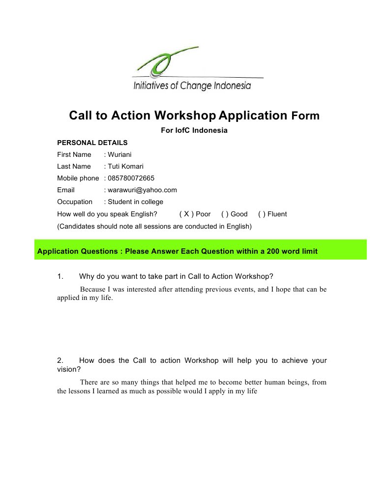 Call To Action Workshop Application: For Iofc Indonesia | PDF
