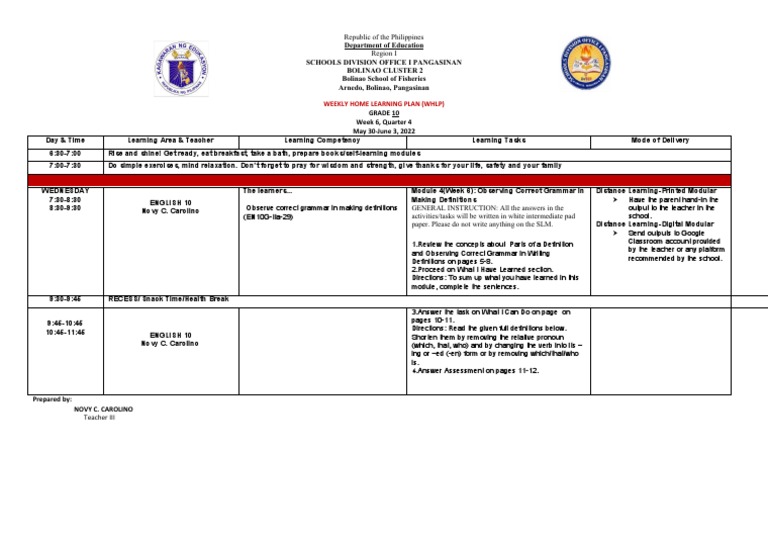 Grade 10 Weekly Home Learning Plan | PDF | Neuropsychological ...