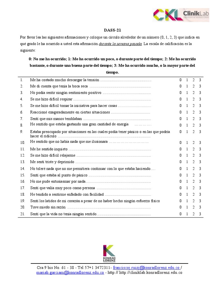 Escala DASS-21: Evaluación de Estrés y Ansiedad | PDF | Sicología | Las ...