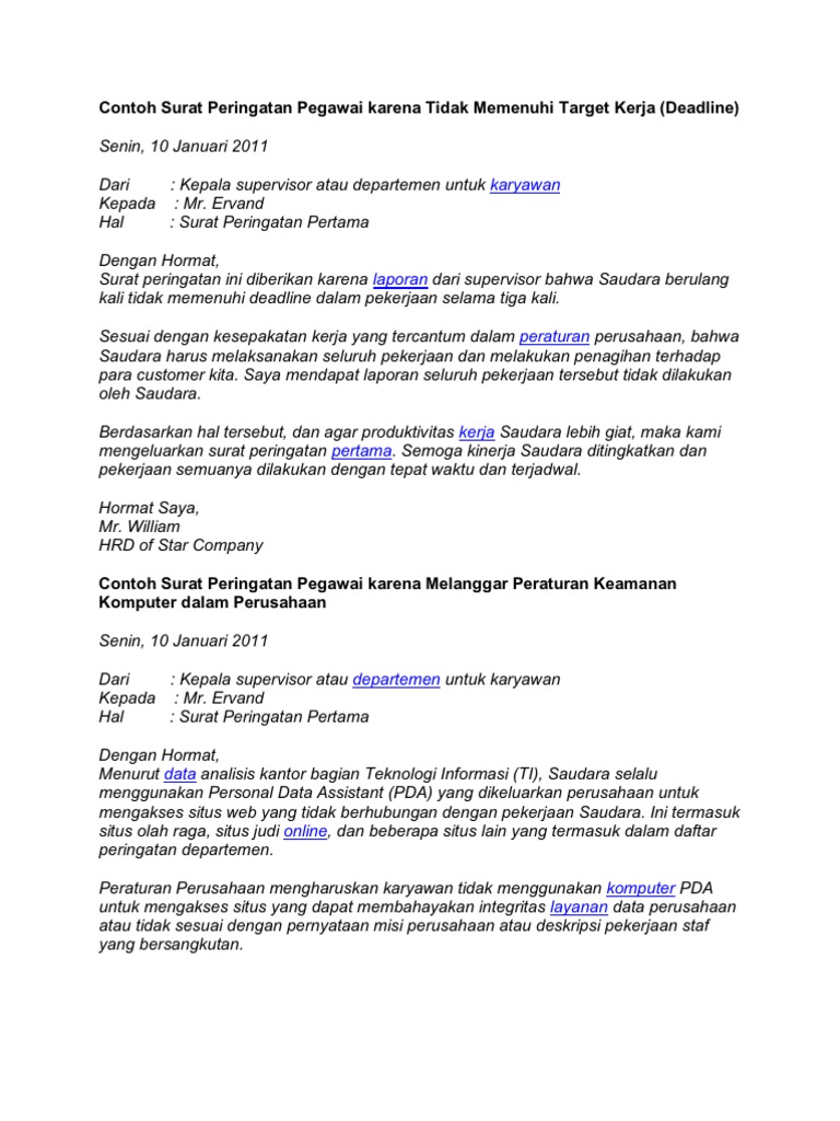 Contoh Surat an Pegawai Karena Tidak Memenuhi Target Kerja