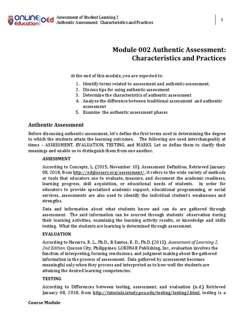 Module 002 Authentic Assessment: Characteristics and Practices | PDF ...