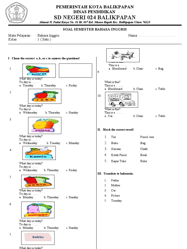 Soal Uas Bahasa Inggris Kelas 1 Semester 1 Tahun 2019 - panji