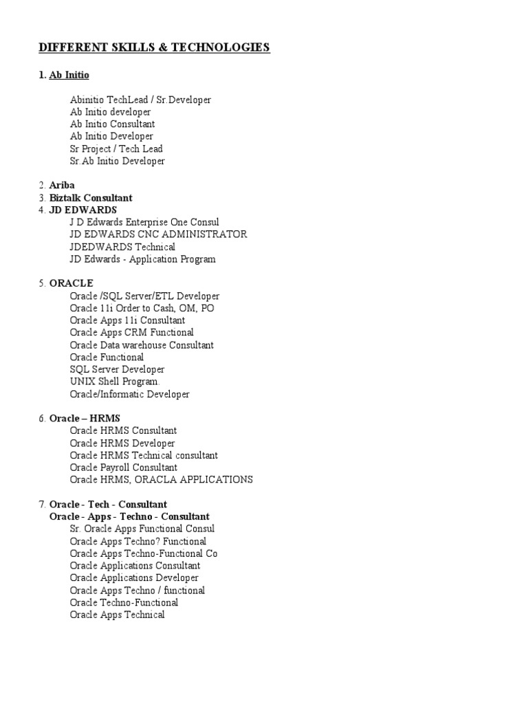 Different Skills & Technologies 1. Ab Initio PDF Oracle