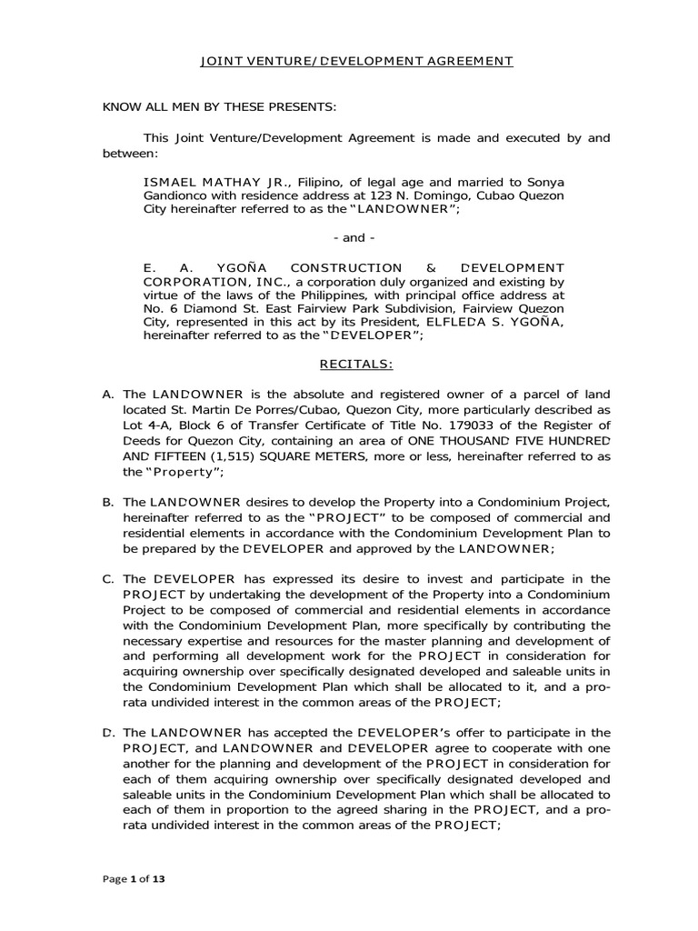 Joint Venture Agreement Overview | PDF