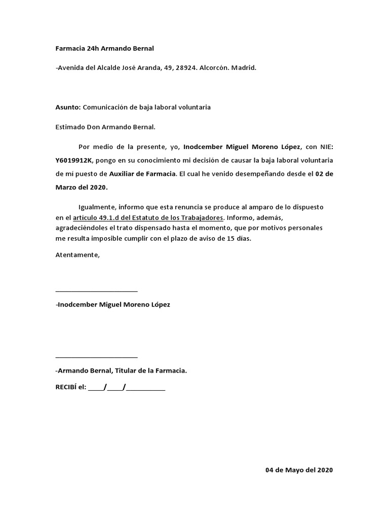 Comunicación de Baja Voluntaria Laboral | PDF