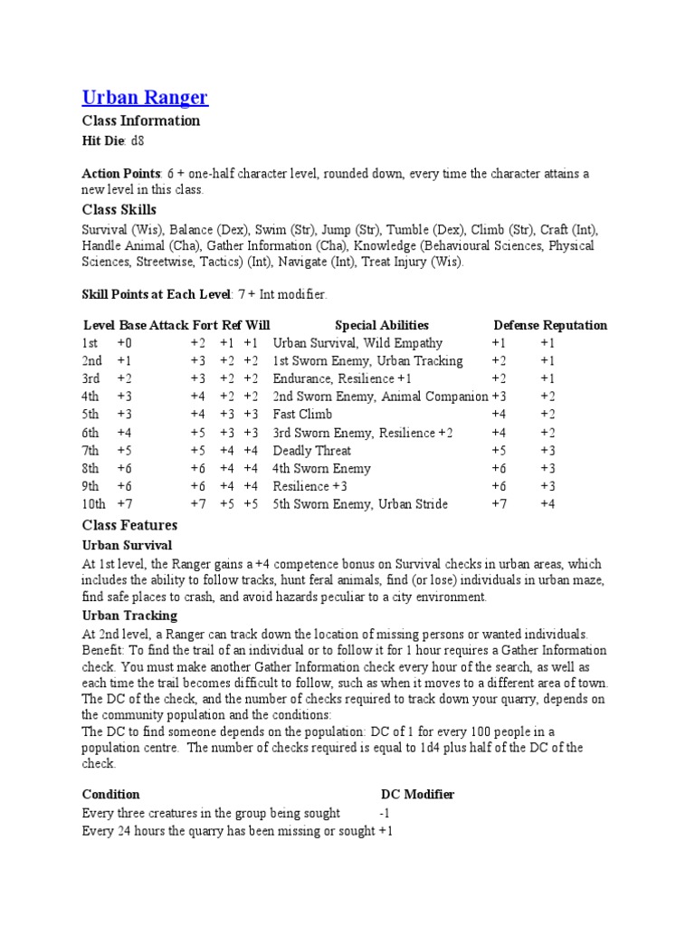 Urban Ranger Class Overview | PDF