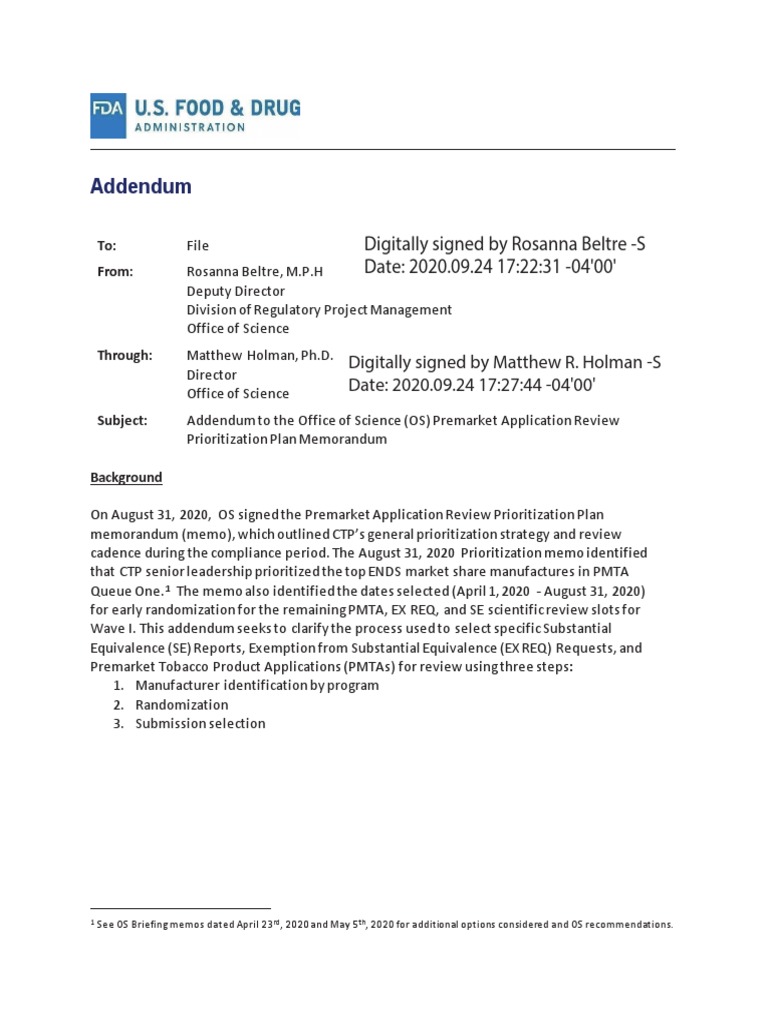 Addendum To Premarket Application Review Prioritization Plan (9/24/20 ...