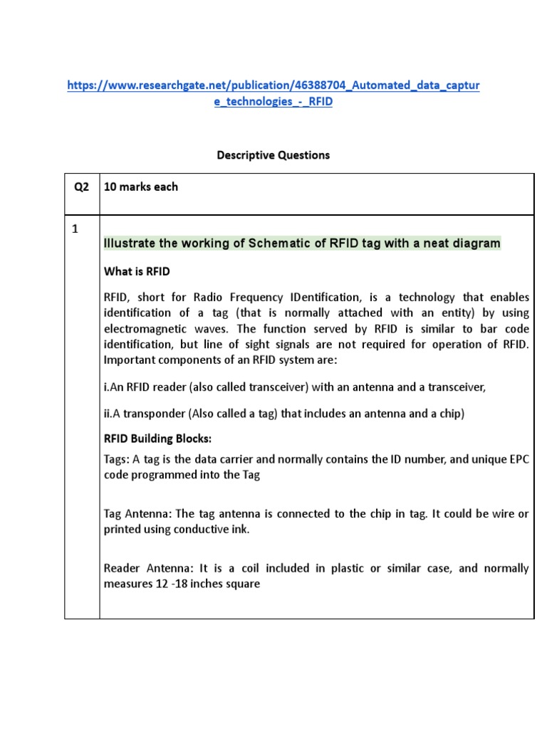E Technologies RFID Descriptive Questions Q2 10 Marks Each PDF