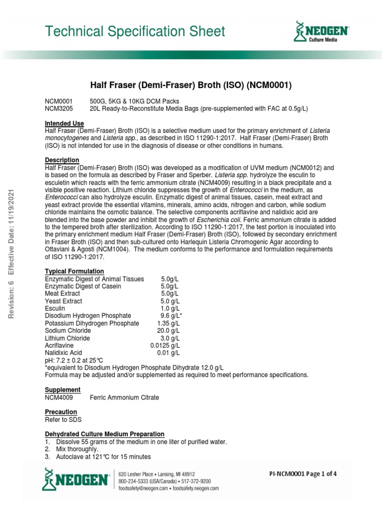 Technical Specification Sheet: Half Fraser (Demi-Fraser) Broth (ISO ...