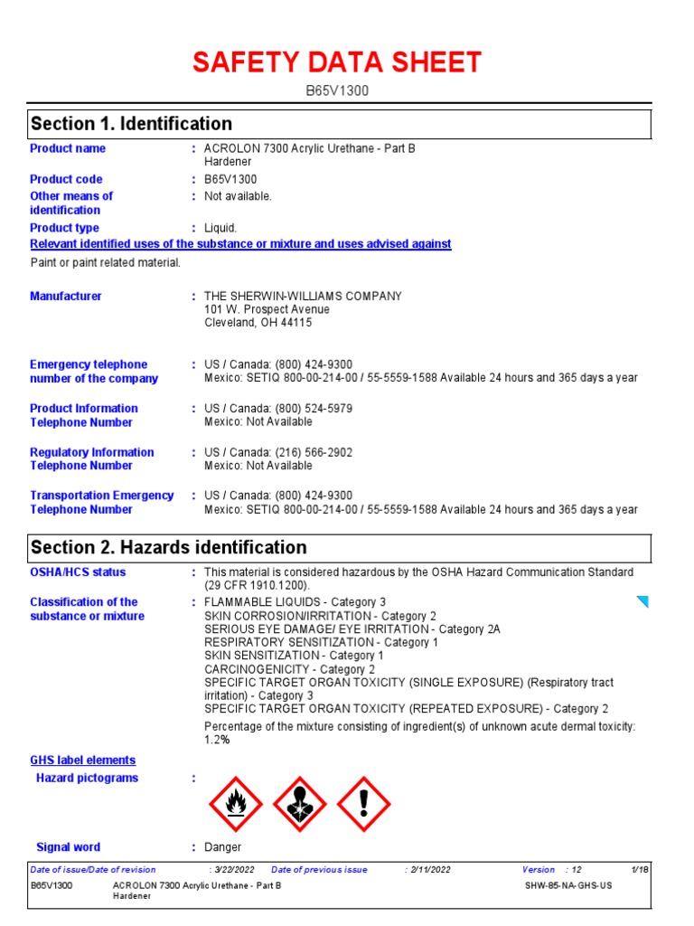 Acrolon 7300 Hardener SDS PDF Firefighting Workplace