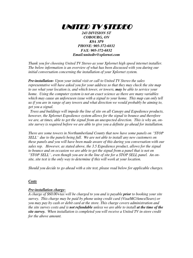 PreInstallation Info For United TV PDF Credit Card