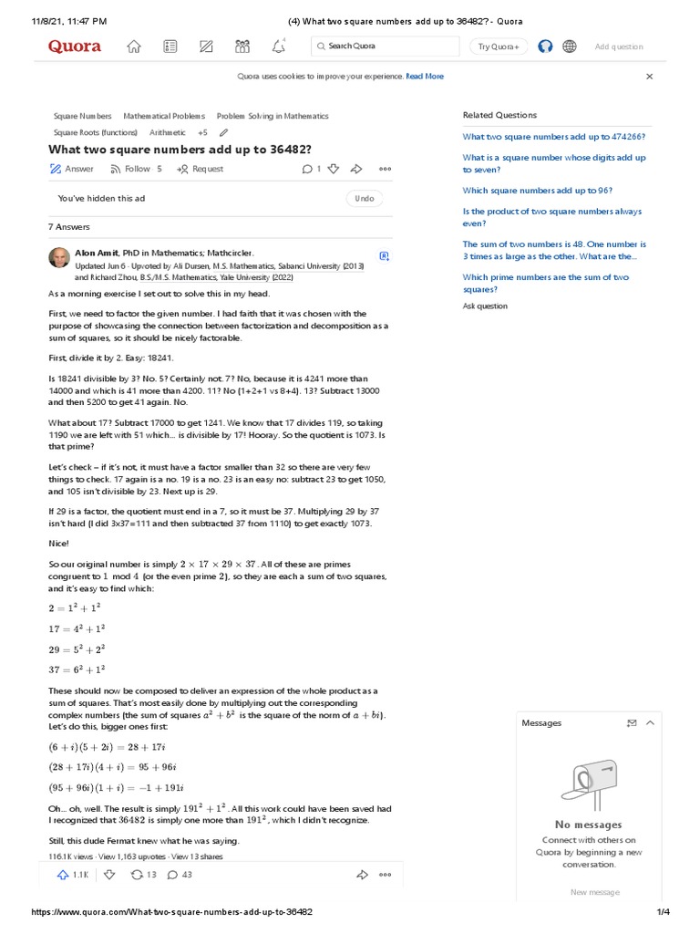 What Two Square Numbers Add Up To 36482 PDF Prime Number Numbers