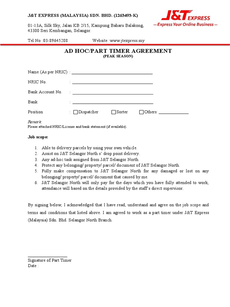 J&T Express Part-Time Agreement | PDF