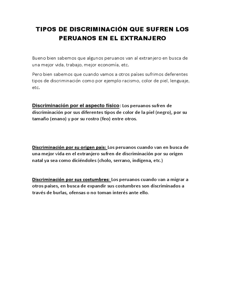 Tipos de Discriminación Que Sufren Los Peruanos en El Extranjero | PDF