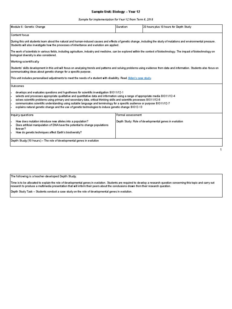 Biology Stage 6 Year 12 Sample Unit Module 6 Genetic Change | PDF ...