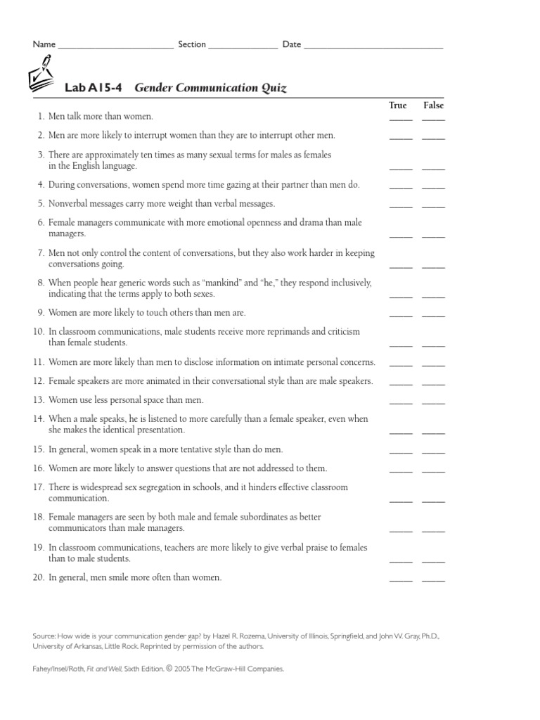 Lab A154 Gender Communication Quiz PDF Communication Nonverbal Communication