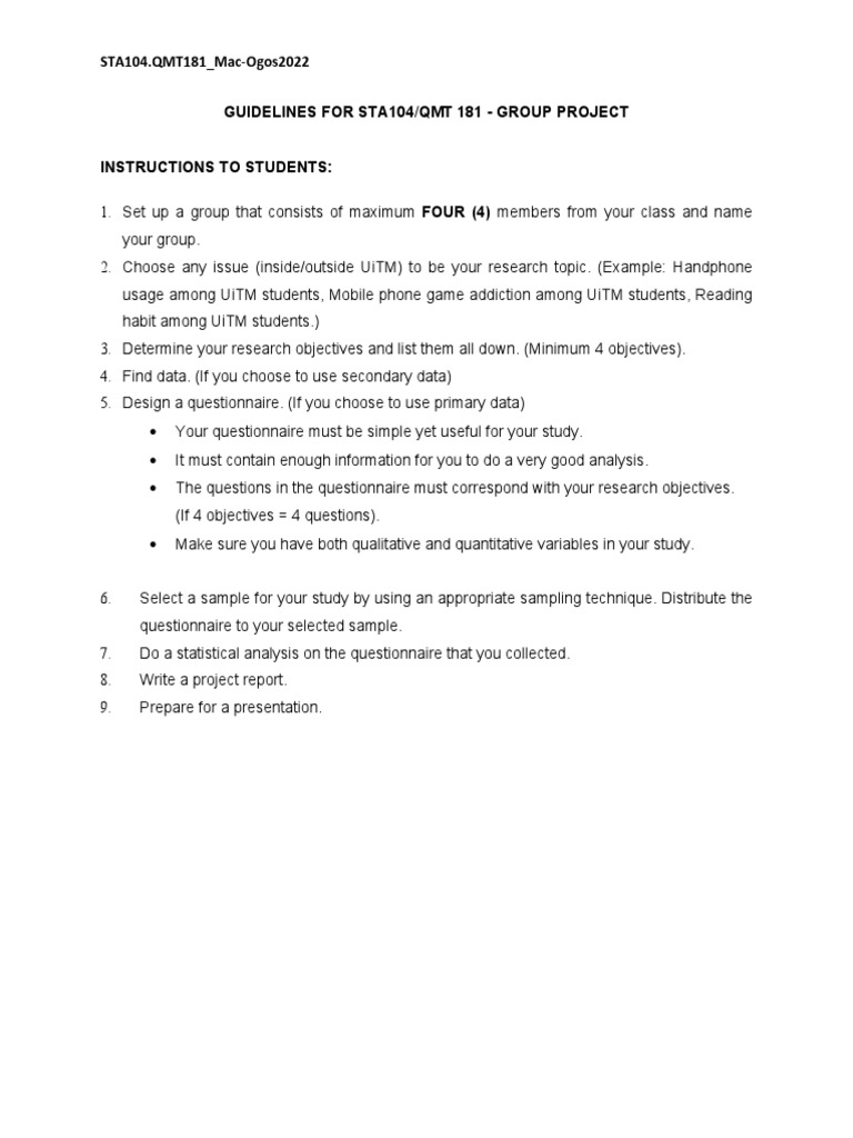 Guidelines & Rubric For Sta104 Group Project | PDF | Quantitative ...
