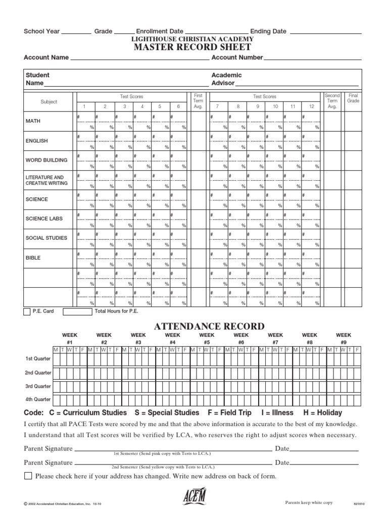 Master Record Sheet Lighthouse Christian Academy Account Name Account