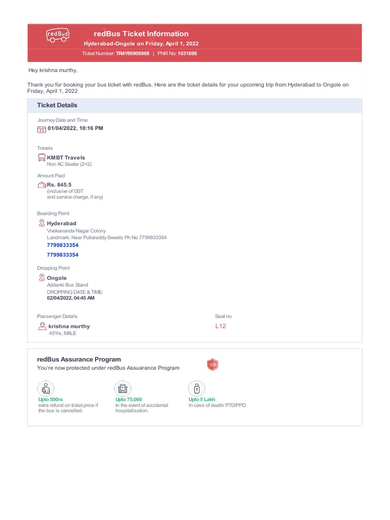KMBT Travels: RedBus Ticket Details | PDF | Ticket (Admission) | Bus