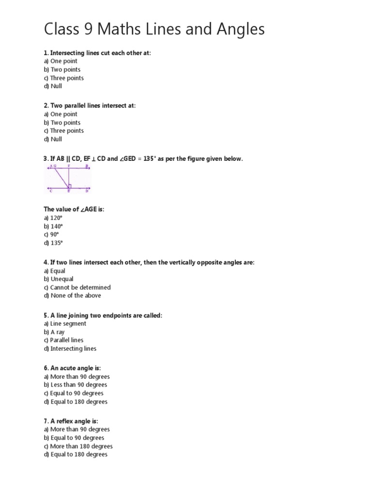 Class 9 Lines and Angles Practice Questions | PDF | Angle | Elementary ...