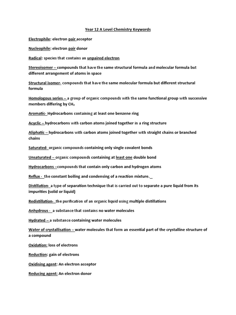 A Level Chemistry Key Terms Guide | PDF | Chemical Reactions | Chemical ...