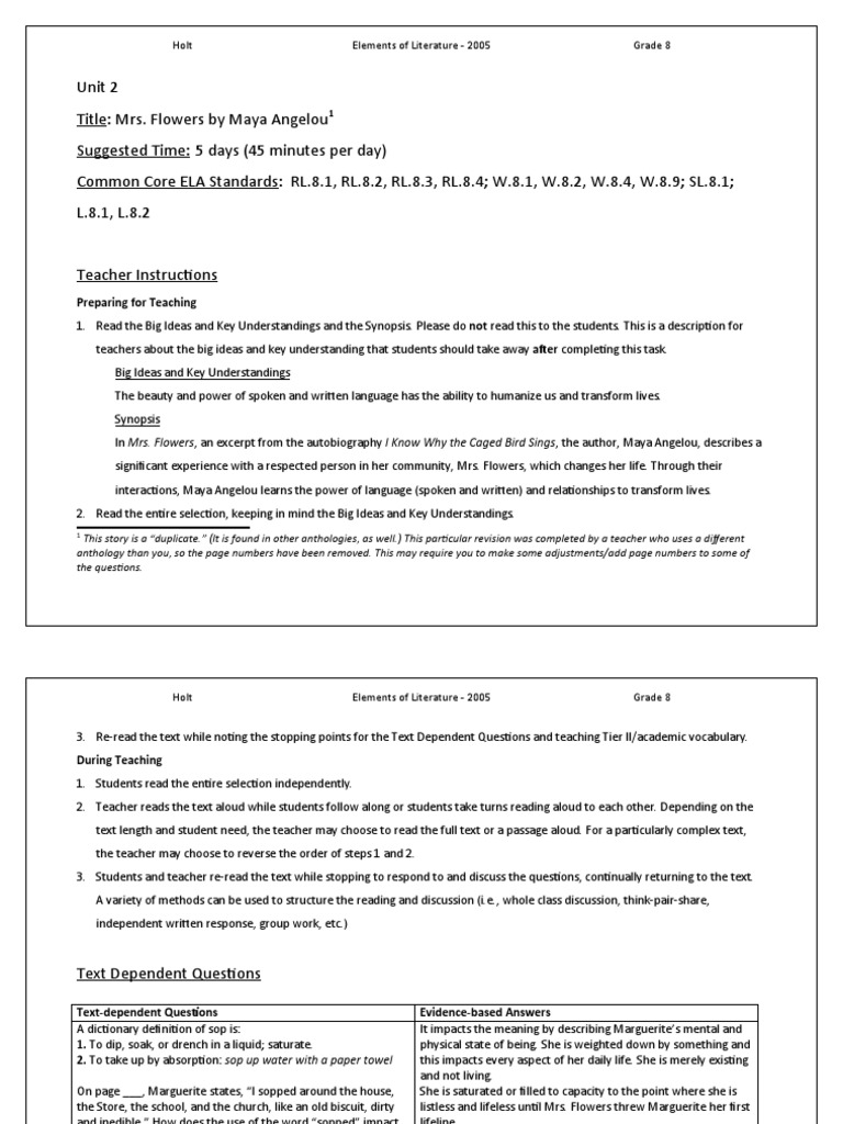 Mrs. Flowers. Lesson Anthology PDF Cognition Neuropsychological
